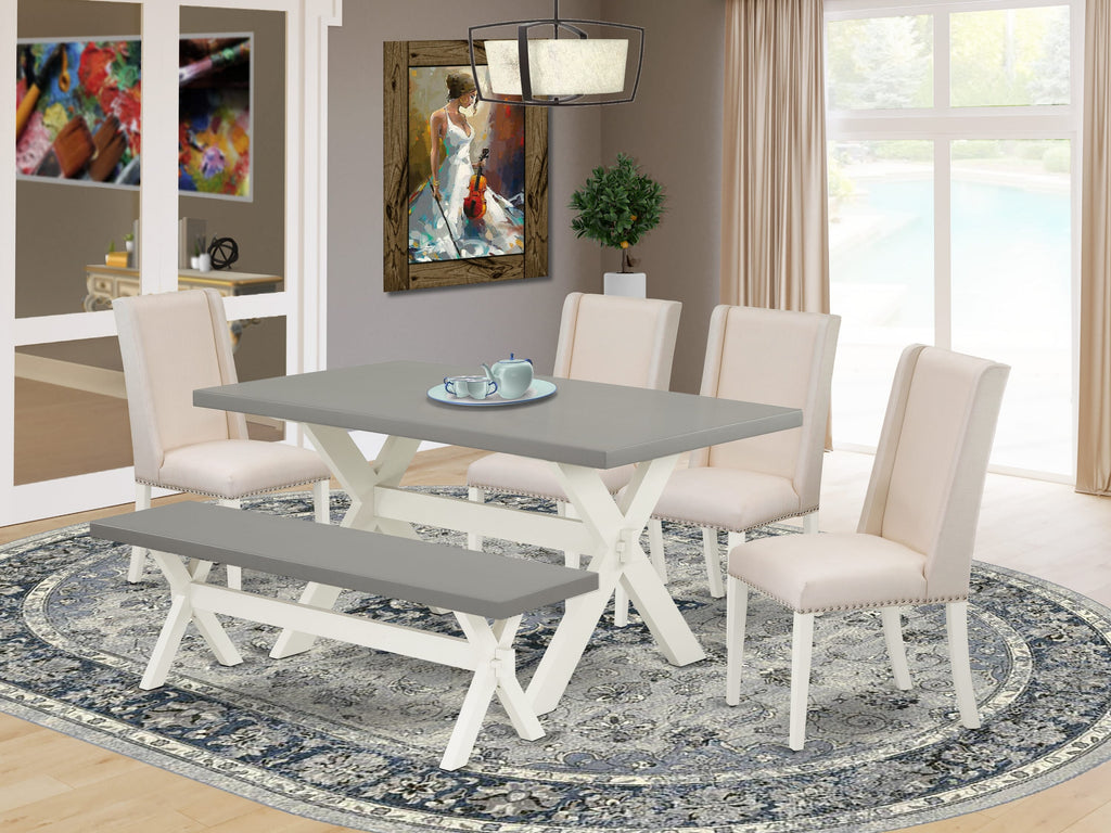 X096F31EB-Q 6 Pc Dining Suite Rectangle Table w/ X-Legs, 4 Cream Fabric Chairs & Bench, 36x60 Multi-Toned