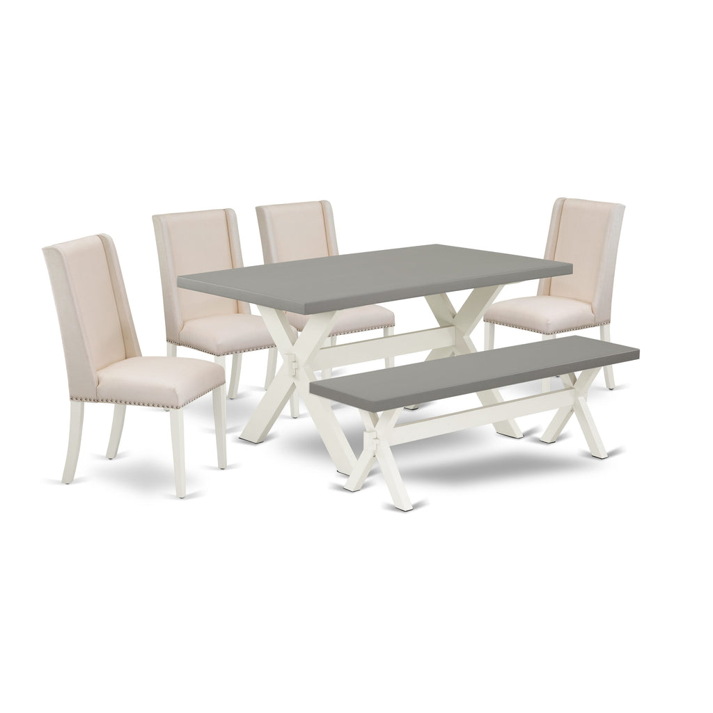 X096F31EB-Q 6 Pc Dining Suite Rectangle Table w/ X-Legs, 4 Cream Fabric Chairs & Bench, 36x60 Multi-Toned