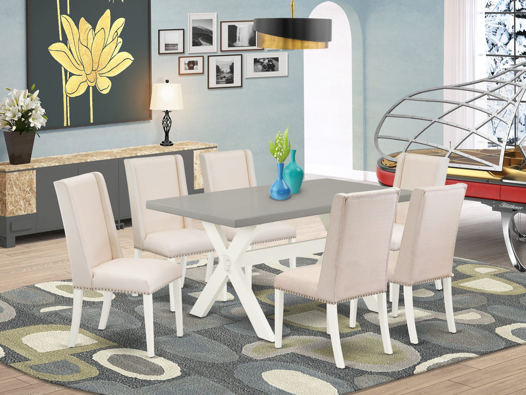 X096FIDK7-U 7-Piece Dining Set with Rectangular Table & 6 Cream Linen Chairs, X-Legs, Multicolor, 36x60