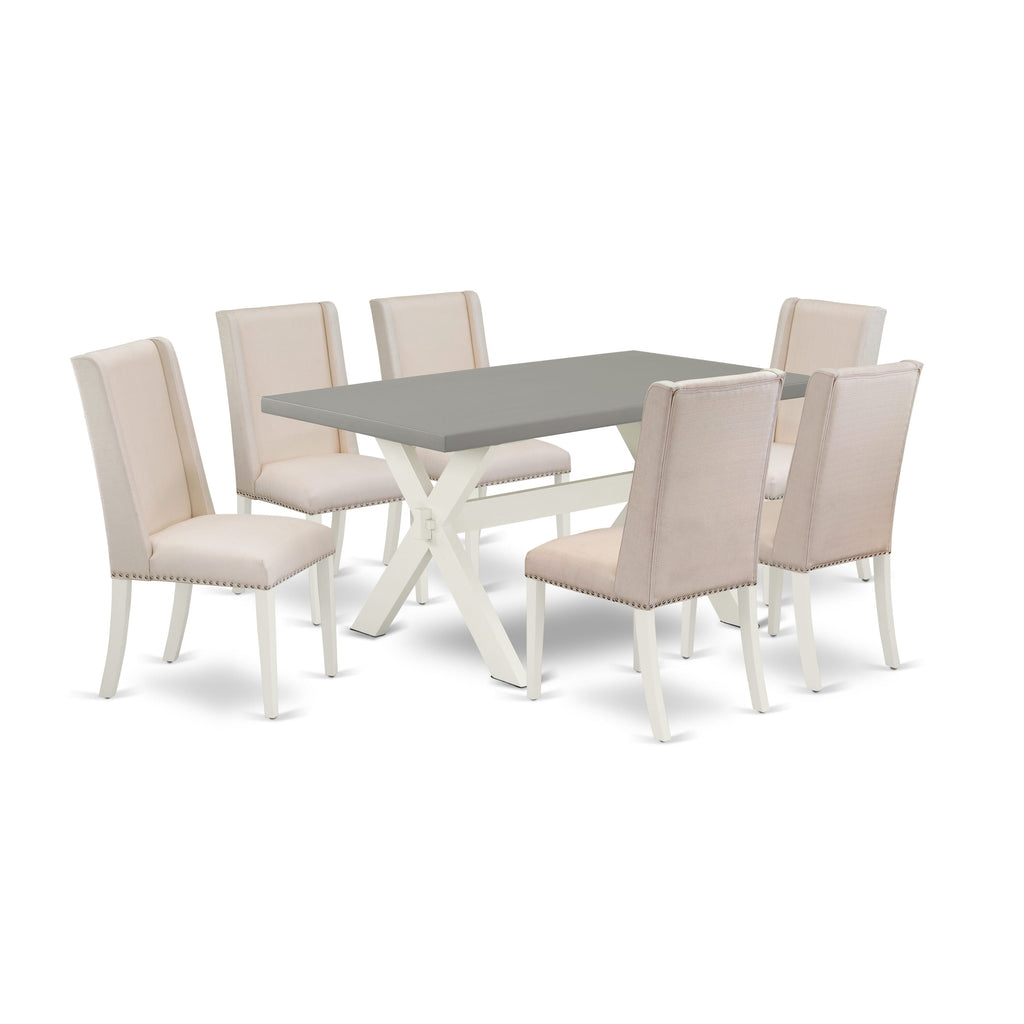 X096FIDK7-U 7-Piece Dining Set with Rectangular Table & 6 Cream Linen Chairs, X-Legs, Multicolor, 36x60