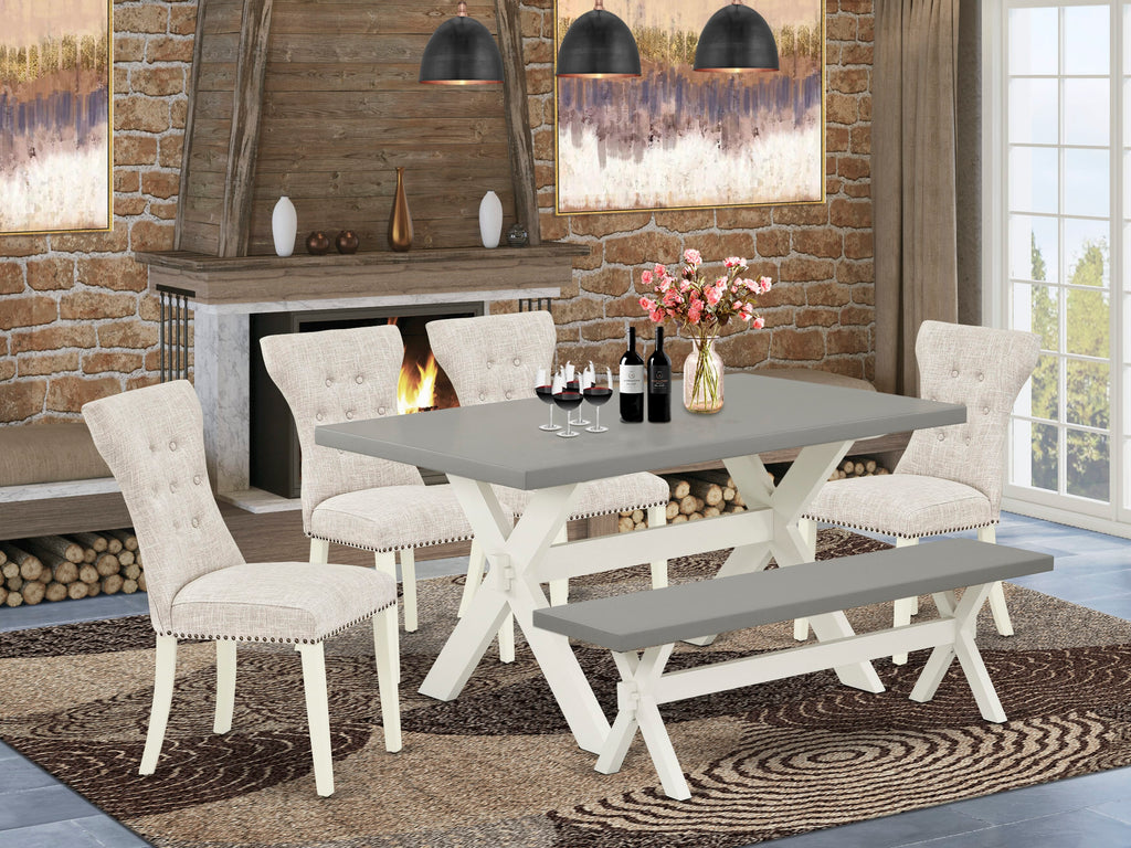X096GSSBC-Y 6-Piece Set Rectangular Wood Dining Table with Unique X-Legs, Doeskin Upholstery & Bench Seating, 36x60 Multi-Color