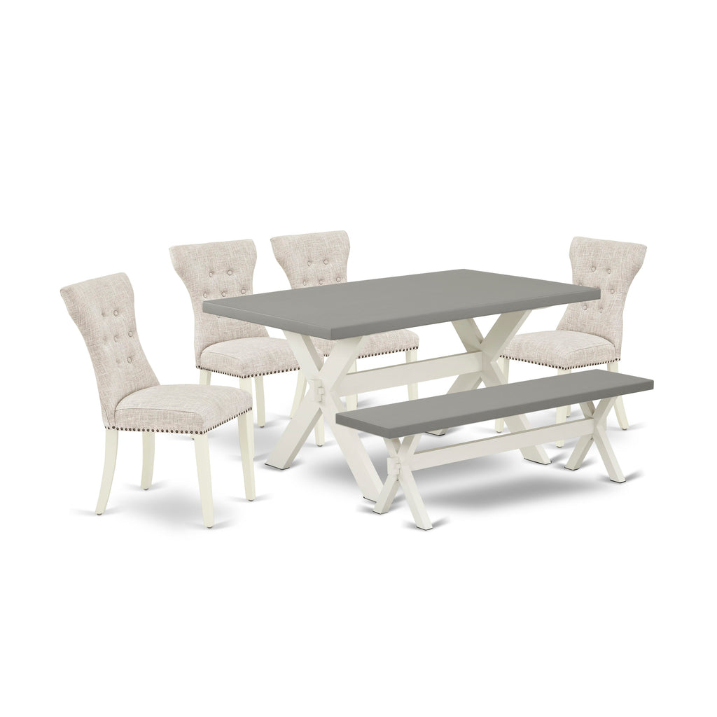 X096GSSBC-Y 6-Piece Set Rectangular Wood Dining Table with Unique X-Legs, Doeskin Upholstery & Bench Seating, 36x60 Multi-Color