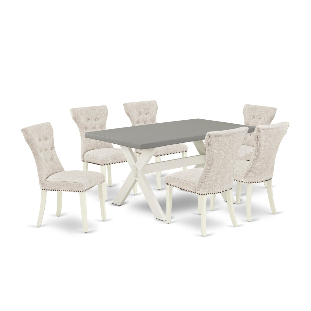 X096GLVMR-O 7-Piece Dining Ensemble with Rectangular Table and Doeskin Linen Parsons Chairs, 36x60 Inch