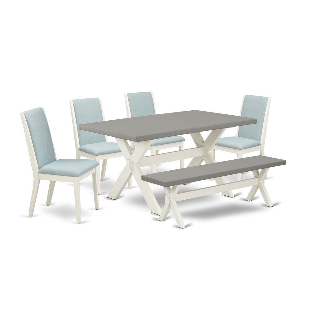 X096L8ET0-V 6-Piece Dining Suite with Rectangle Table, X-Legs, Blue Chairs & Bench, Multi-Color