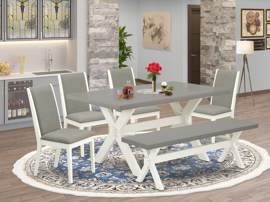 X096L10VK-P 6-Piece Dining Ensemble with X-Leg Table, Linen Chairs & Bench - Multi-Color 36x60