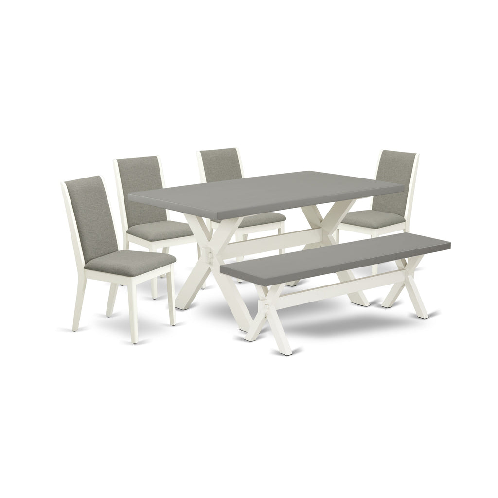 X096L10VK-P 6-Piece Dining Ensemble with X-Leg Table, Linen Chairs & Bench - Multi-Color 36x60