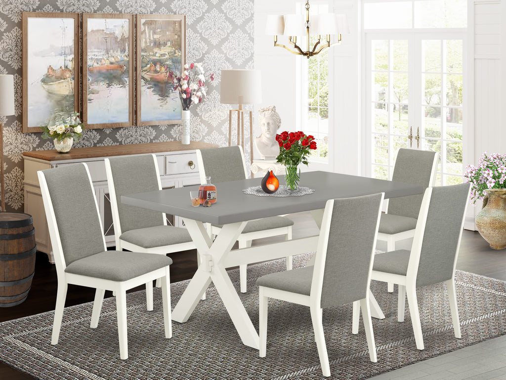 X096L77Q5-1 Exquisite 7-Piece Dining Ensemble with Rectangle Table and 6 Plush Linen Chairs, Multi-Color