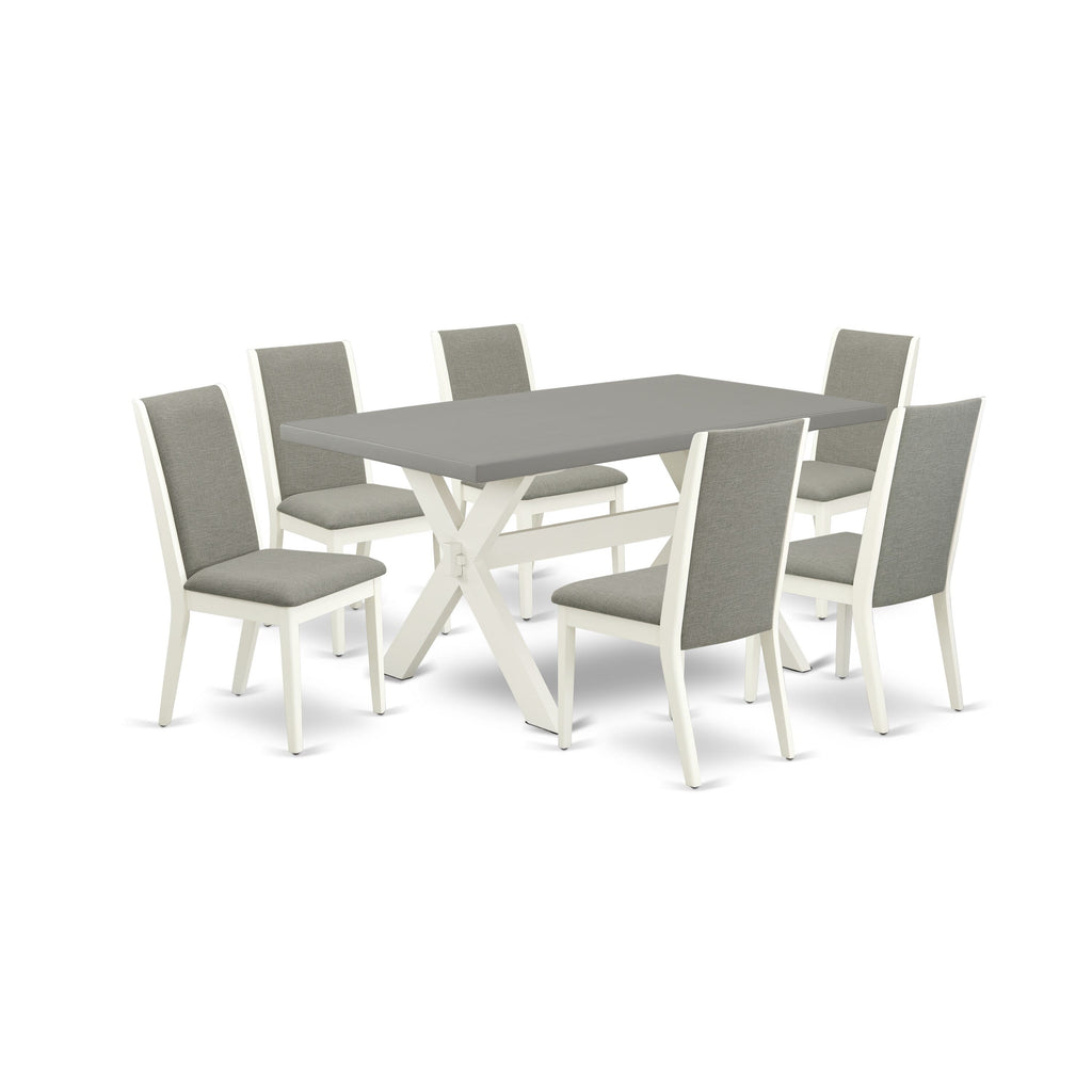X096L77Q5-1 Exquisite 7-Piece Dining Ensemble with Rectangle Table and 6 Plush Linen Chairs, Multi-Color