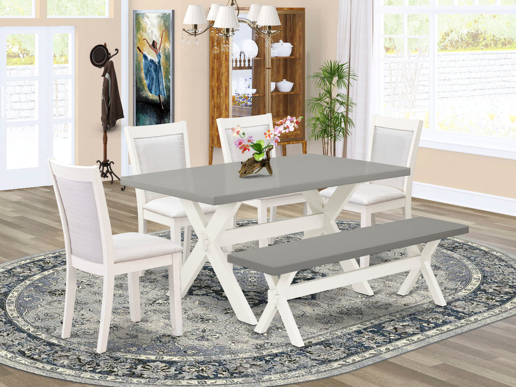 X096M4DIQ-E Dining Ensemble 6-Piece Set with Rectangular Table, X-Legs, Cream Linen Parson Chairs & Bench