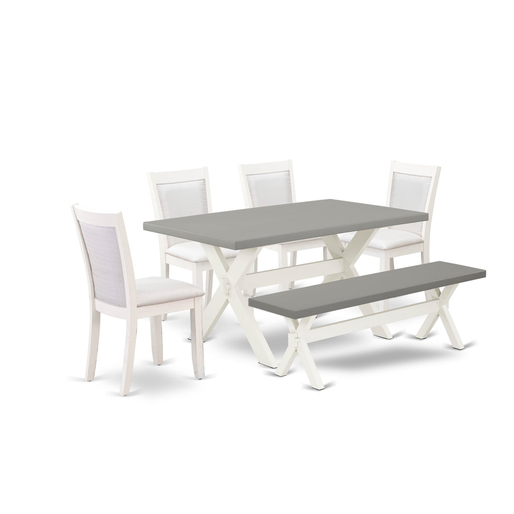 X096M4DIQ-E Dining Ensemble 6-Piece Set with Rectangular Table, X-Legs, Cream Linen Parson Chairs & Bench