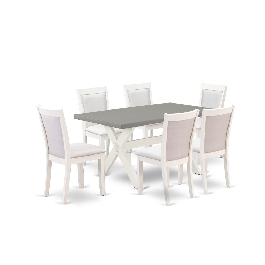X096M6PXM-K 7-Piece Dining Ensemble Rectangular Table with X-Legs, 6 Elegant Cream Parson Chairs