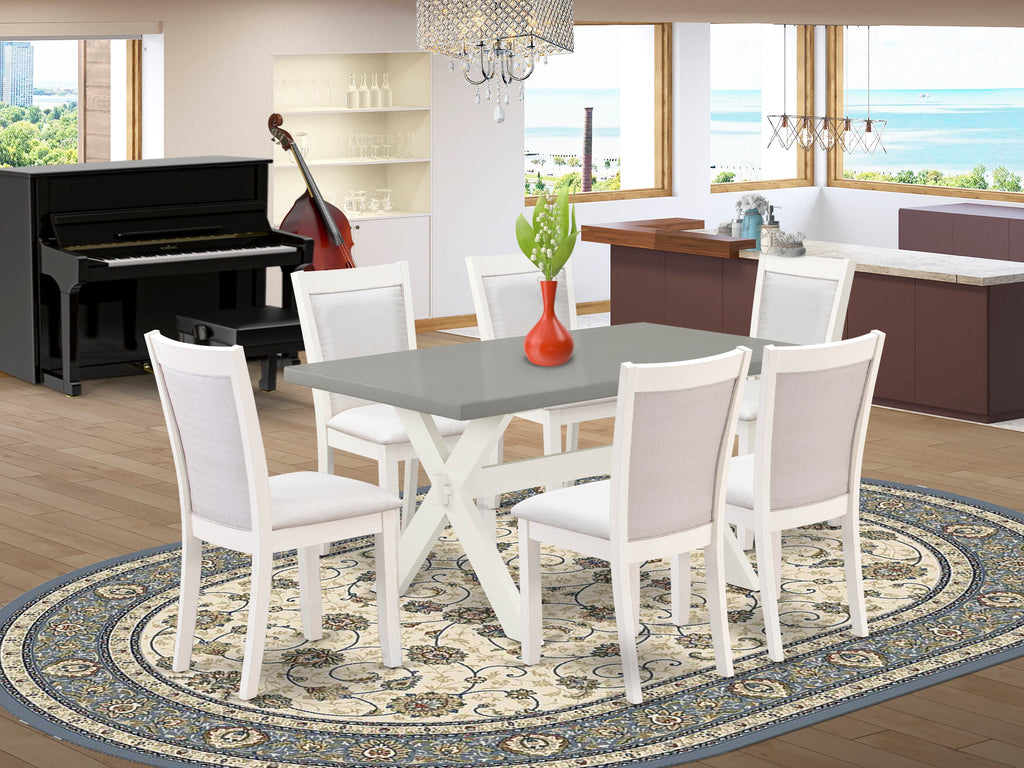 X096M6PXM-K 7-Piece Dining Ensemble Rectangular Table with X-Legs, 6 Elegant Cream Parson Chairs