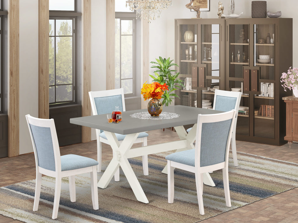 X096M4Z5K-J 5-Piece Dining Ensemble Rectangle Table with X-Legs and 4 Baby Blue Linen Chairs, 36x60 In