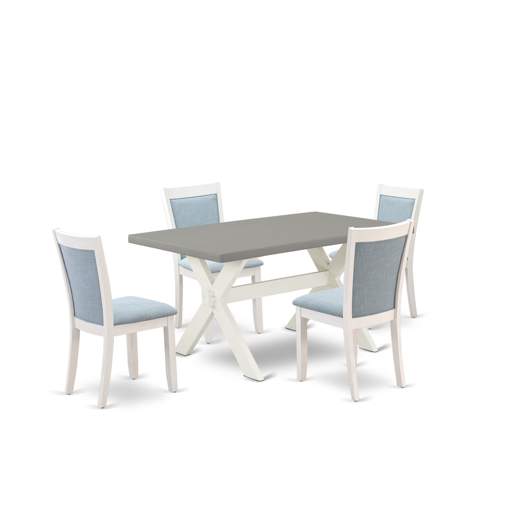 X096M4Z5K-J 5-Piece Dining Ensemble Rectangle Table with X-Legs and 4 Baby Blue Linen Chairs, 36x60 In