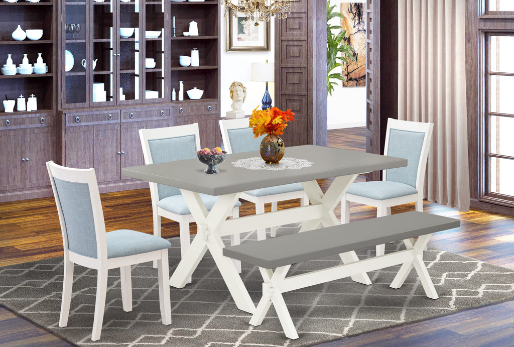 X096MK5JX-E Dining Ensemble with Rectangular Table, Bench & Parson Chairs in Baby Blue Linen, 36x60 Multi-Tone