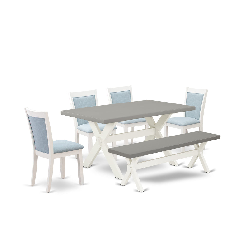 X096MK5JX-E Dining Ensemble with Rectangular Table, Bench & Parson Chairs in Baby Blue Linen, 36x60 Multi-Tone