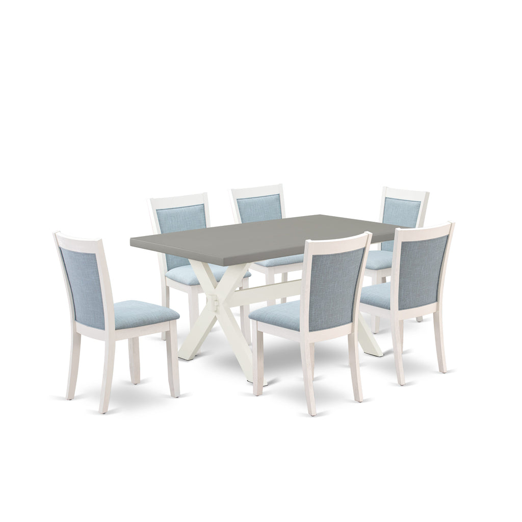X096MTT52-2 7-Piece Set Rectangle Dining Table with X-Legs & 6 Upholstered Baby Blue Chairs, Multi-Color