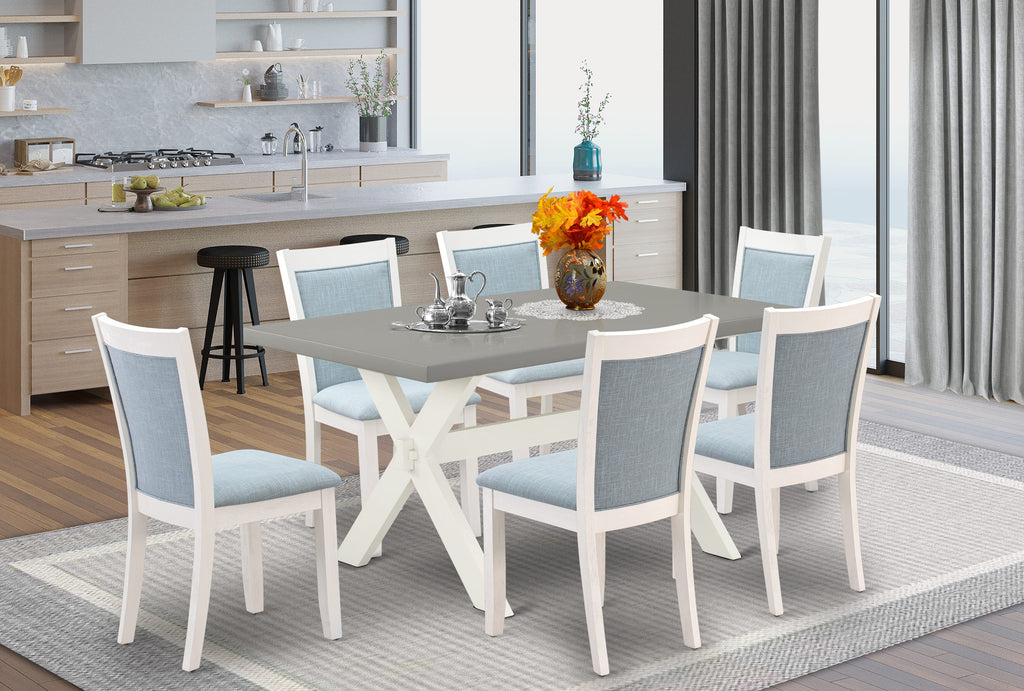 X096MTT52-2 7-Piece Set Rectangle Dining Table with X-Legs & 6 Upholstered Baby Blue Chairs, Multi-Color