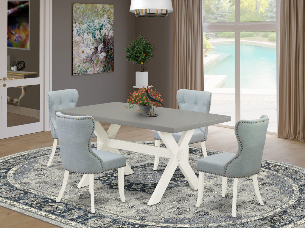 X096SS8EB-2 5-Piece Dining Ensemble in Multi-Tone with Rectangular X-Leg Table and Blue Fabric Seats, 36x60 Inches