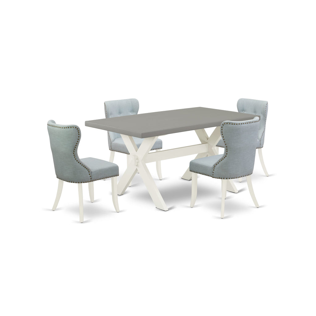 X096SS8EB-2 5-Piece Dining Ensemble in Multi-Tone with Rectangular X-Leg Table and Blue Fabric Seats, 36x60 Inches