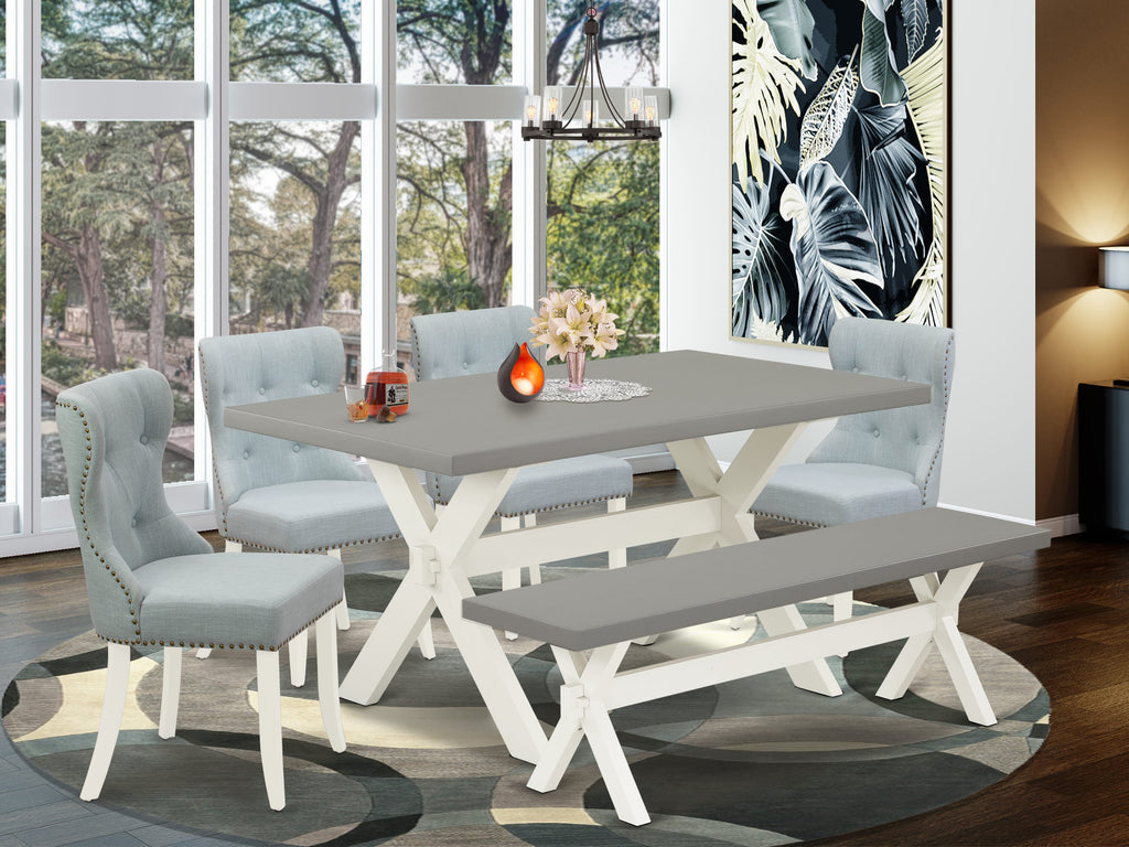 X096S2EJO-C 6-Piece Rectangular Dining Set with Linen Chairs and Bench, Baby Blue & Multi-Tone, 36x60