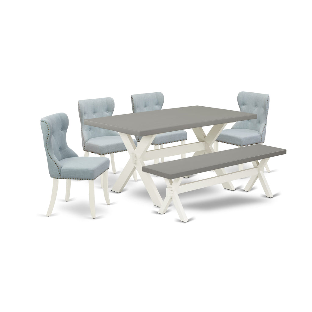 X096S2EJO-C 6-Piece Rectangular Dining Set with Linen Chairs and Bench, Baby Blue & Multi-Tone, 36x60