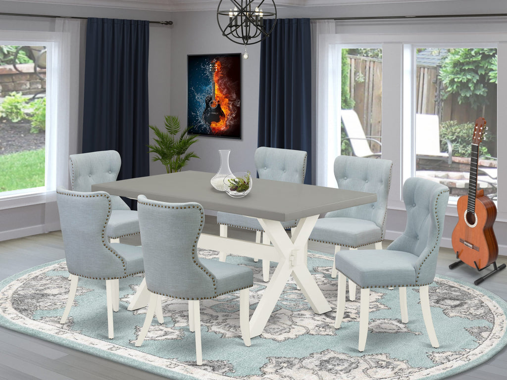 X096S1O1G-Z 7-Piece Dining Suite with X-Leg Table and 6 Upholstered Parson Chairs, 36x60 Inches