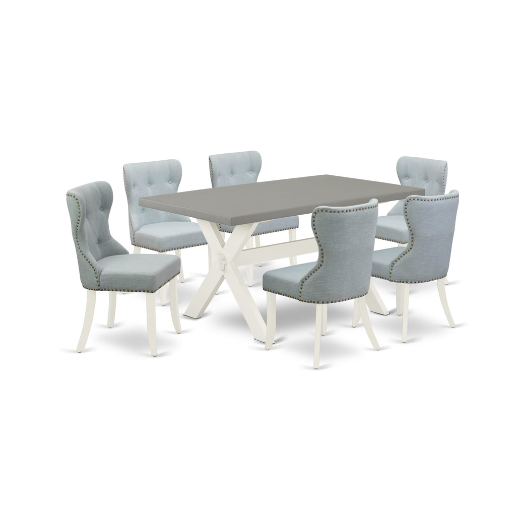 X096S1O1G-Z 7-Piece Dining Suite with X-Leg Table and 6 Upholstered Parson Chairs, 36x60 Inches
