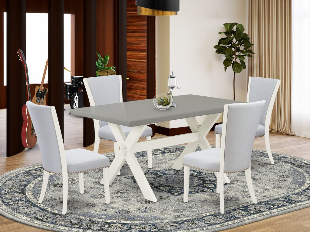 X096VKVCX-F 5-Piece Rectangular Dining Ensemble with X-Leg Table and Upholstered Grey Parson Chairs, 36x60