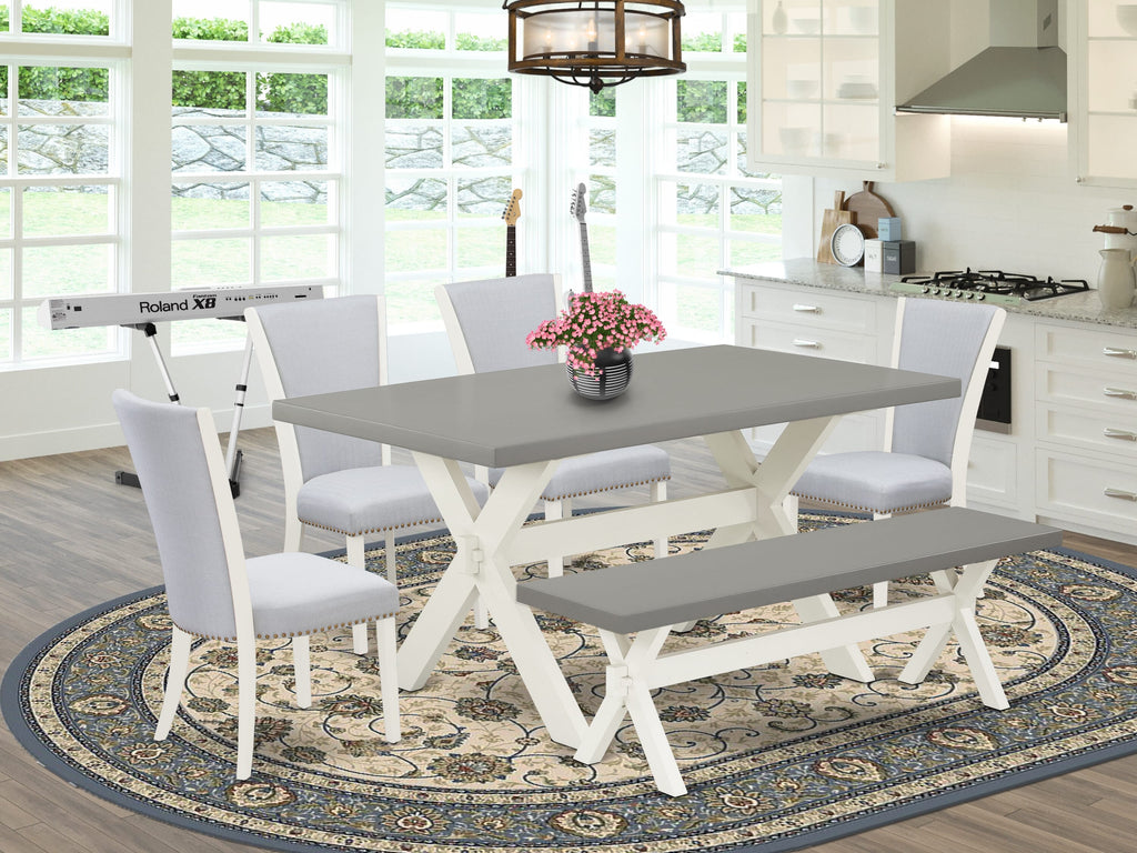 Dining Set Ensemble X096V82H7-C Rectangle Table, X-Legs with 4 Grey Fabric Chairs & Bench, 60 Multi-tone