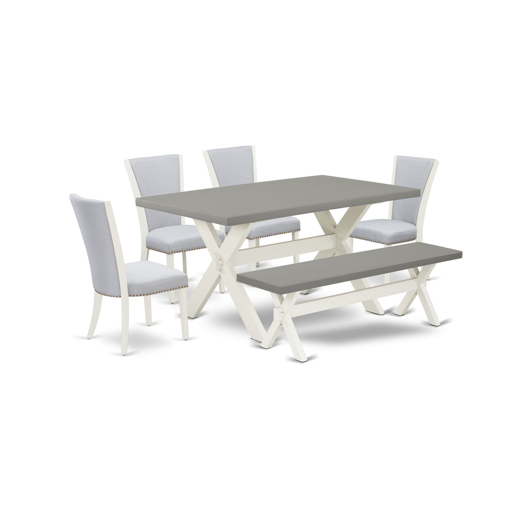Dining Set Ensemble X096V82H7-C Rectangle Table, X-Legs with 4 Grey Fabric Chairs & Bench, 60 Multi-tone