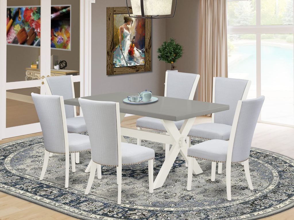 X096VPX87-A 7 Pc Dining Set - Spacious Rectangle Table with X-Legs and 6 Grey Upholstered Seats, Multi-Color