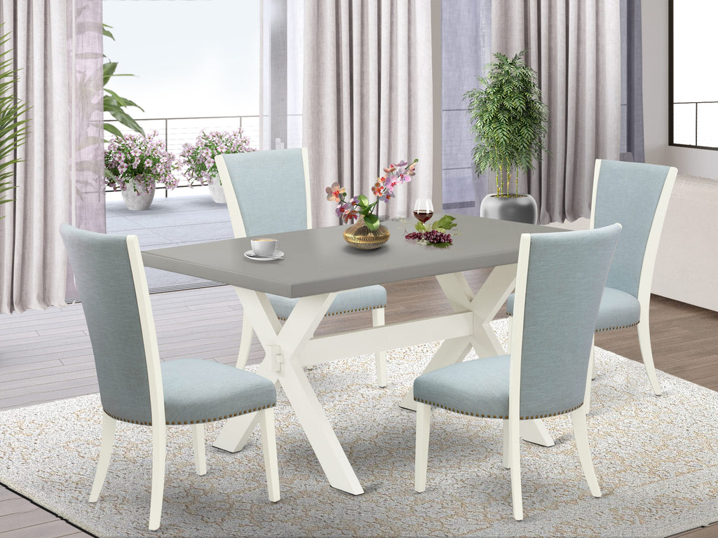 X096VJK7A-B Chic Rectangle Kitchen Set with X-Legs Table and 4 Blue Upholstered Chairs, 5-Piece Dining Ensemble - 36x60 Inches, Multi-Color