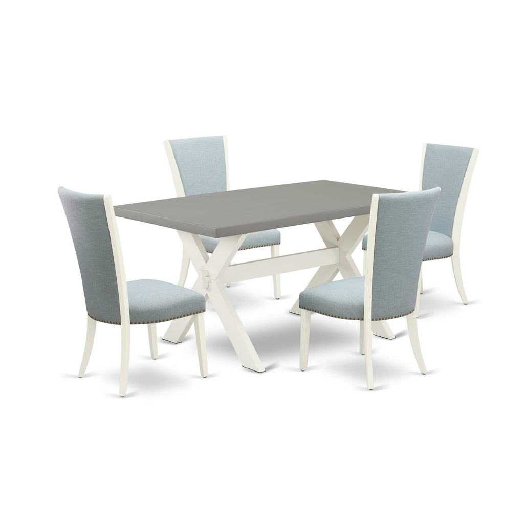 X096VJK7A-B Chic Rectangle Kitchen Set with X-Legs Table and 4 Blue Upholstered Chairs, 5-Piece Dining Ensemble - 36x60 Inches, Multi-Color