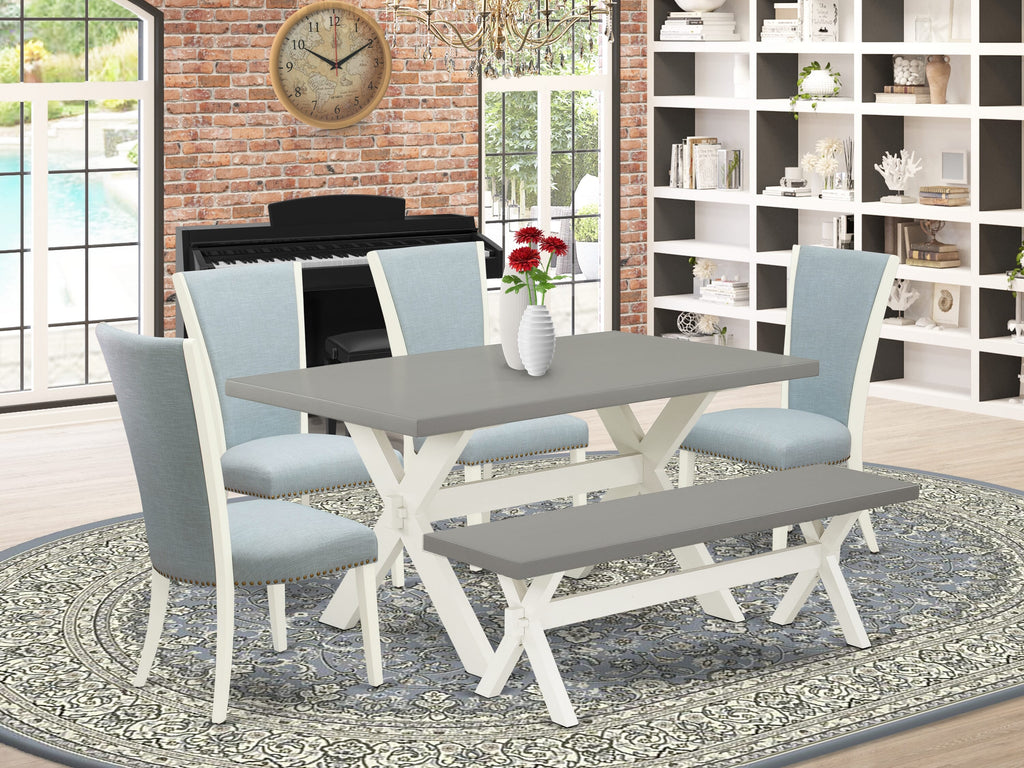 X096VB1ZH-5 6-Piece Dining Collection with X-Legged Rectangle Table, Baby Blue Chairs & Bench, Multicolor, 36x60