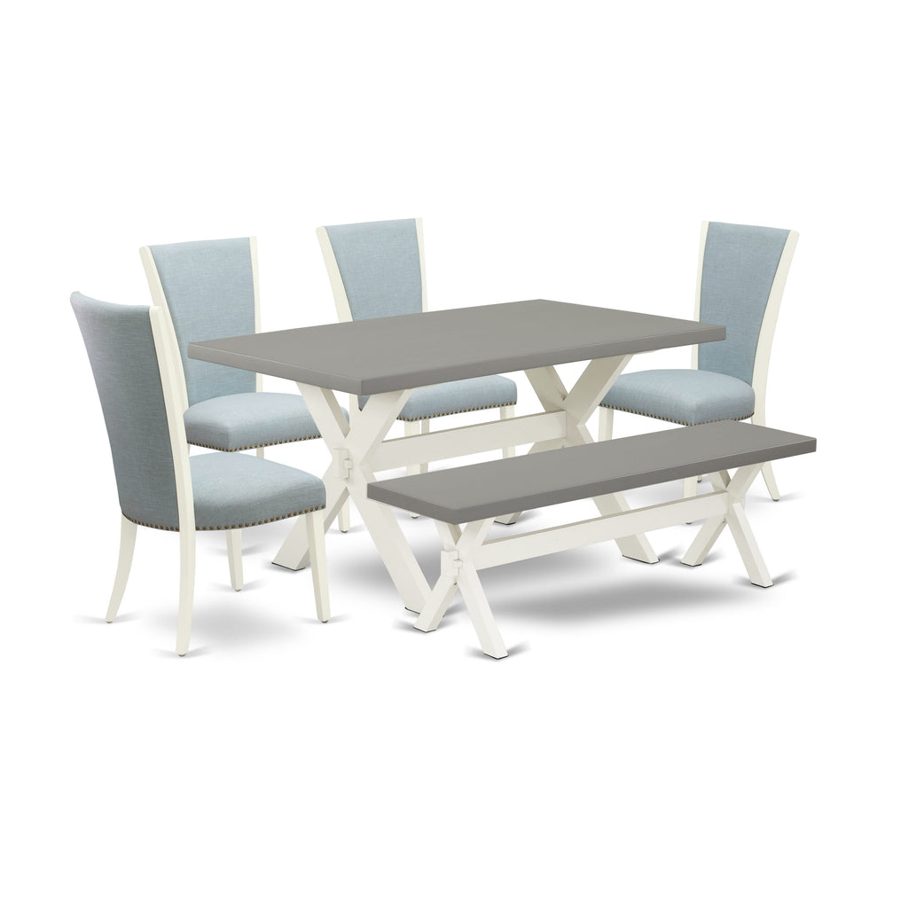 X096VB1ZH-5 6-Piece Dining Collection with X-Legged Rectangle Table, Baby Blue Chairs & Bench, Multicolor, 36x60