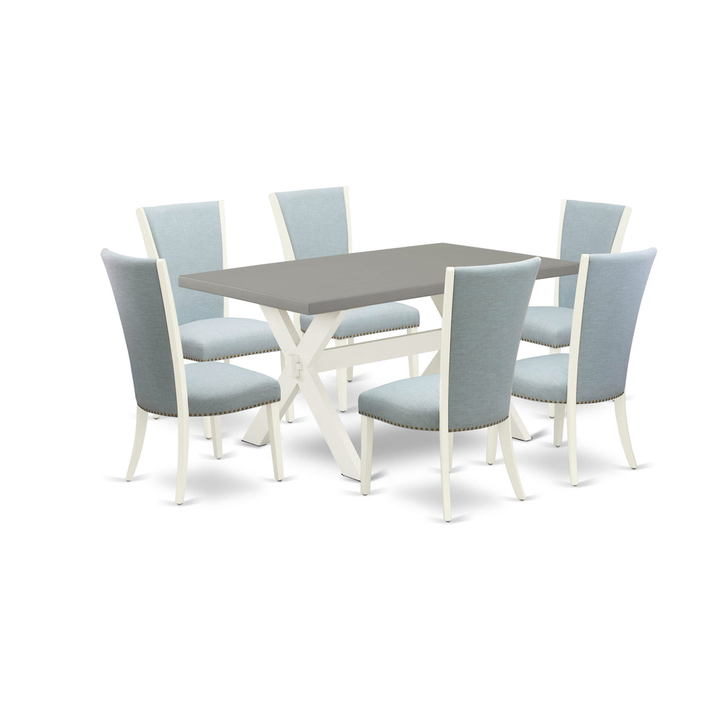 X096VHVHX-7 Stylish 7-Piece Set Rectangular Table with X-Legs & 6 Blue Linen Fabric Chairs, 36x60 Multi-Hue