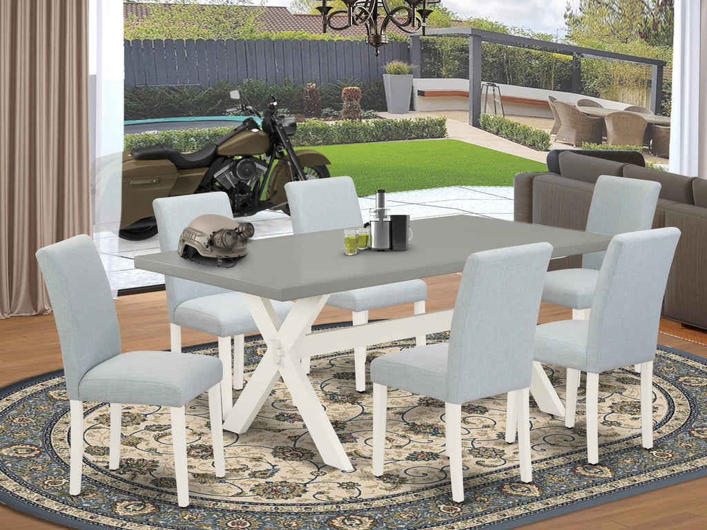 X097ARUAB-4 Elegant 7-Piece Dining Set with Rectangle Table and X-Legs, Plus 6 Sky Blue Upholstered Parson Chairs, Multi-Hued, 40x72