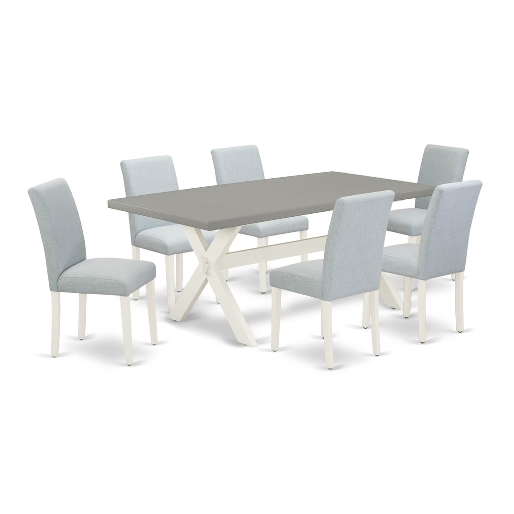 X097ARUAB-4 Elegant 7-Piece Dining Set with Rectangle Table and X-Legs, Plus 6 Sky Blue Upholstered Parson Chairs, Multi-Hued, 40x72