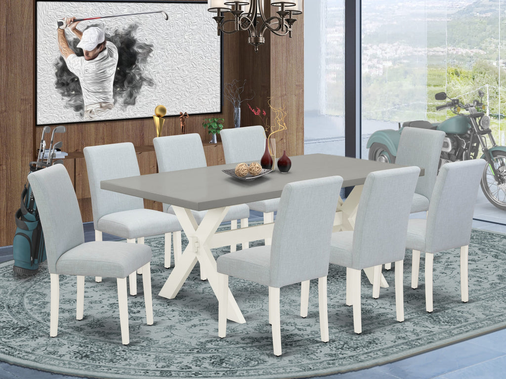 X097AML0S-K 9-Piece Dining Ensemble with Rectangular Table & 8 Baby Blue Upholstered Parson Chairs