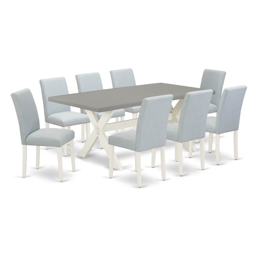 X097AML0S-K 9-Piece Dining Ensemble with Rectangular Table & 8 Baby Blue Upholstered Parson Chairs