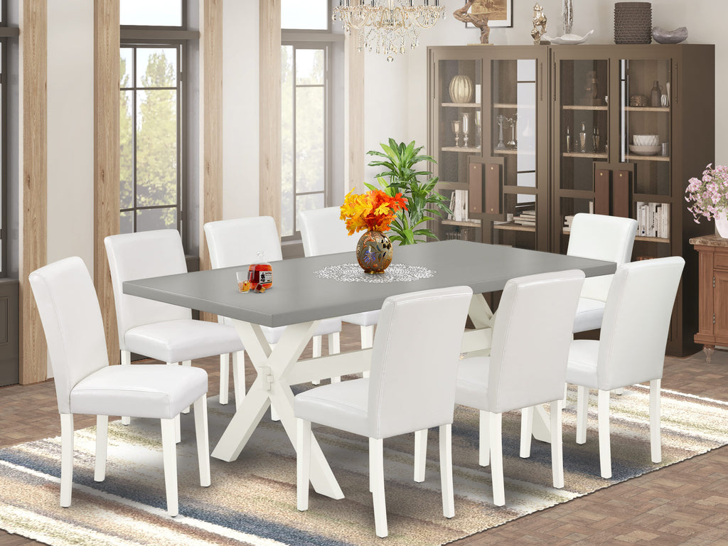 X097AI6P4-X 9-Piece Rectangular Table & 8 White Upholstered Chairs Dining Ensemble, 40x72 Multi-Color