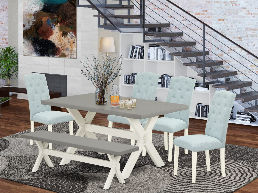 Stylish Dining Ensemble X097CQJN6-5 Rectangular Table with X-Leg Design, Seating Set with Bench and Baby Blue Chairs