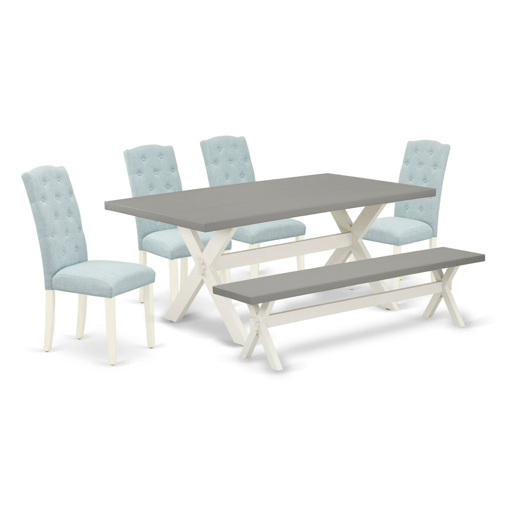 Stylish Dining Ensemble X097CQJN6-5 Rectangular Table with X-Leg Design, Seating Set with Bench and Baby Blue Chairs