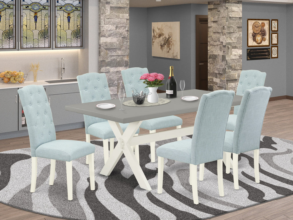 Chic Dining Set X097CV76P-H Comprises X-Legs Table & 6 Parsons Chairs in Baby Blue, Multi-Color