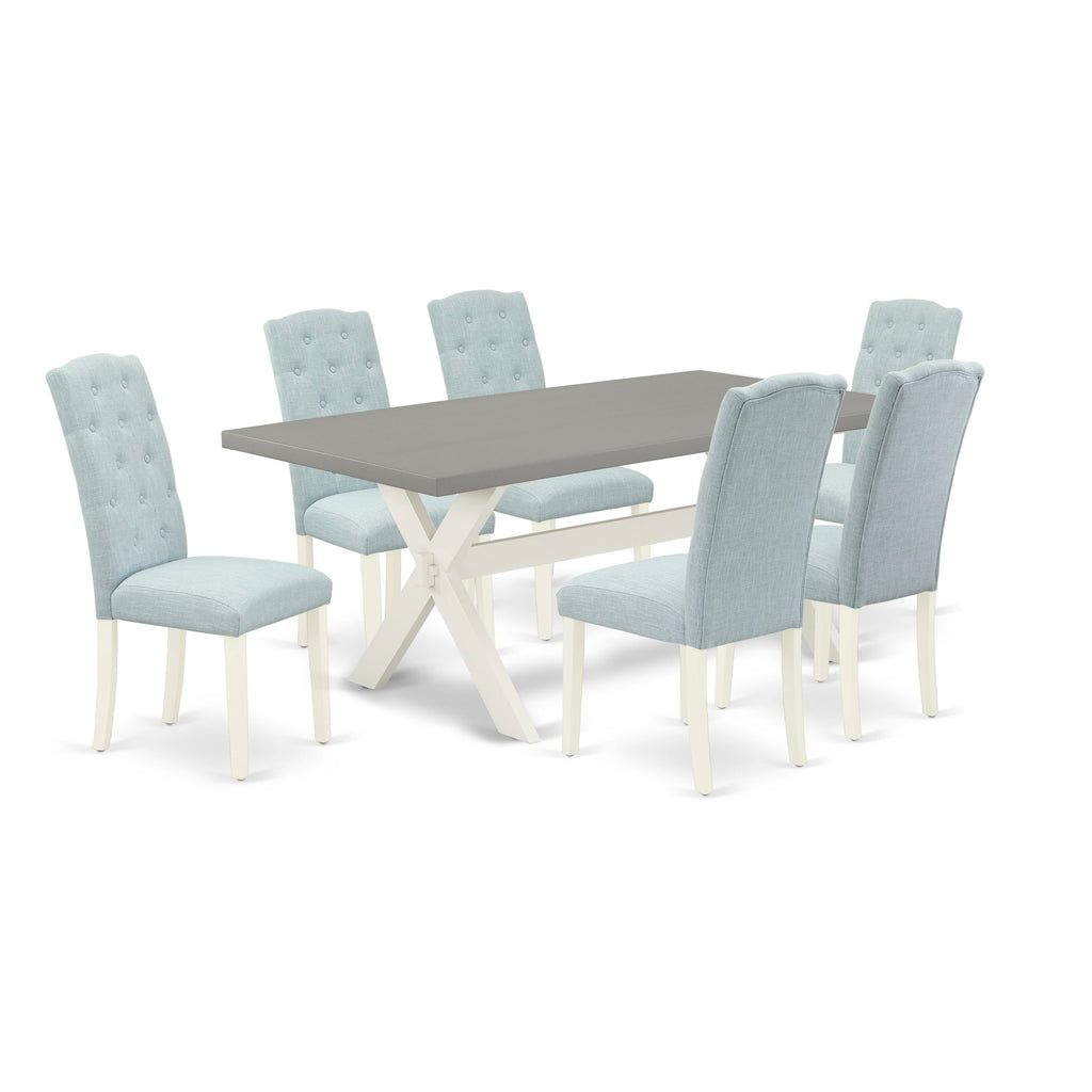 Chic Dining Set X097CV76P-H Comprises X-Legs Table & 6 Parsons Chairs in Baby Blue, Multi-Color