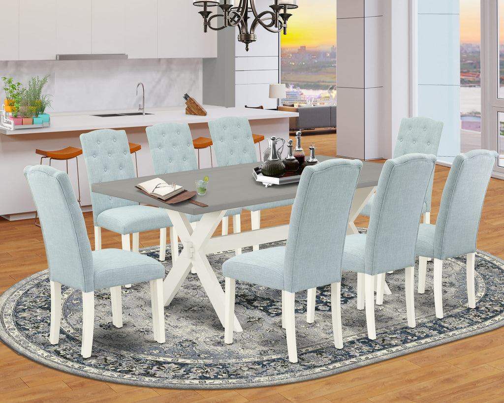 X097CJ95O-S 9-Piece Dining Suite with Rectangle Table & 8 Blue Linen Parson Chairs Set