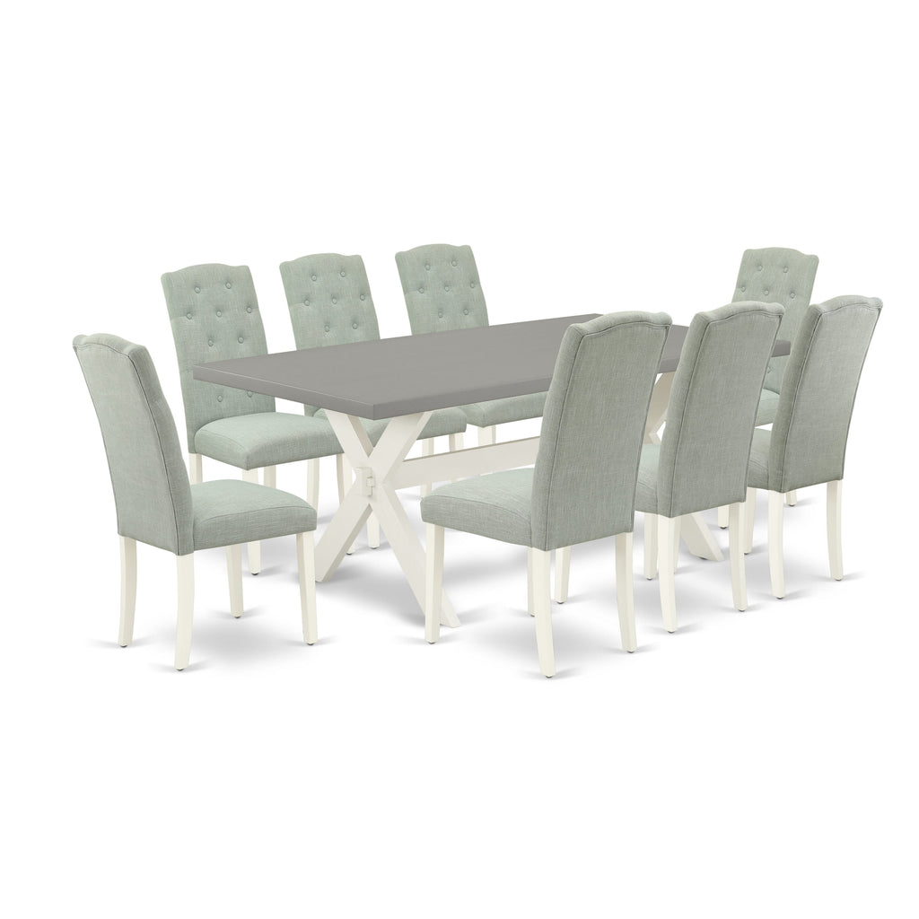 X097CJ95O-S 9-Piece Dining Suite with Rectangle Table & 8 Blue Linen Parson Chairs Set
