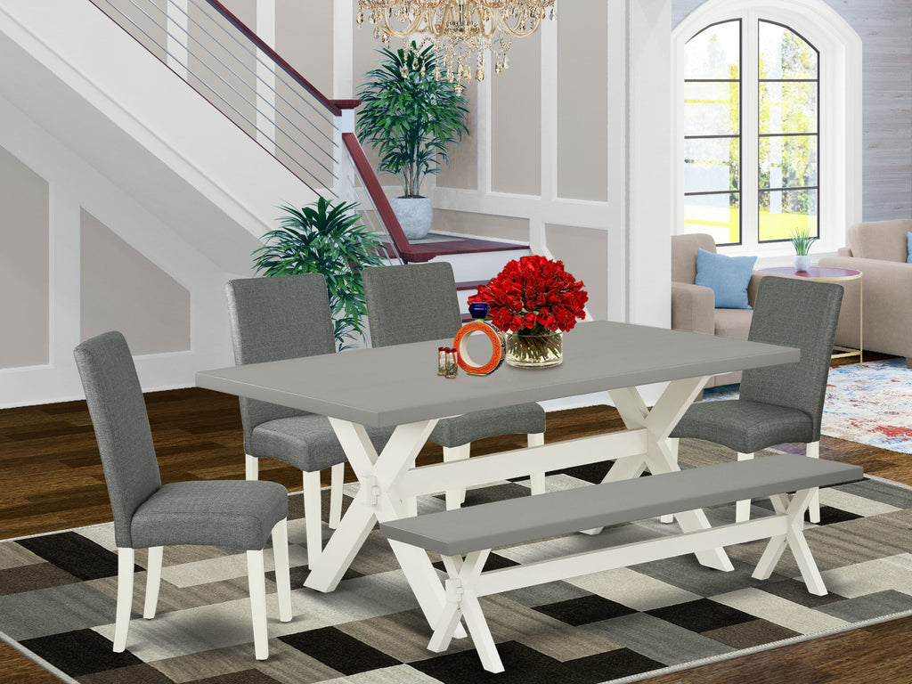 X097D2WB5-N 6-Piece Dining Ensemble Rectangle Table with X-Legs, 4 Gray Chairs & Bench