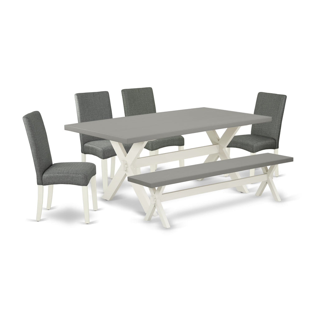X097D2WB5-N 6-Piece Dining Ensemble Rectangle Table with X-Legs, 4 Gray Chairs & Bench